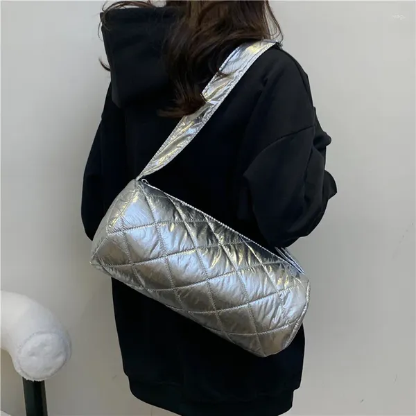 Bolsas de noche Tendencia Patrón de celosía Bolsa de hombro Plata Nylon Mujeres 2024 Invierno Espacio Bolso de algodón Señoras Casual Viaje Crossbody