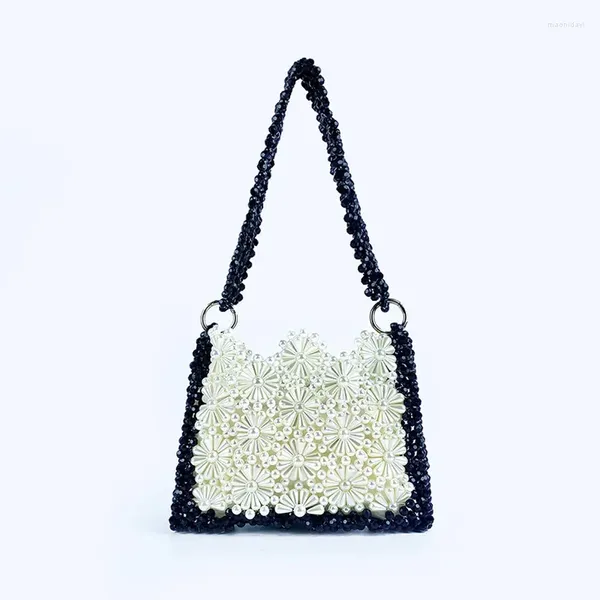 Bolsas de noche Único negro blanco margarita flor perla bolso bolso con cuentas moda exquisita tejida mujer un hombro axila