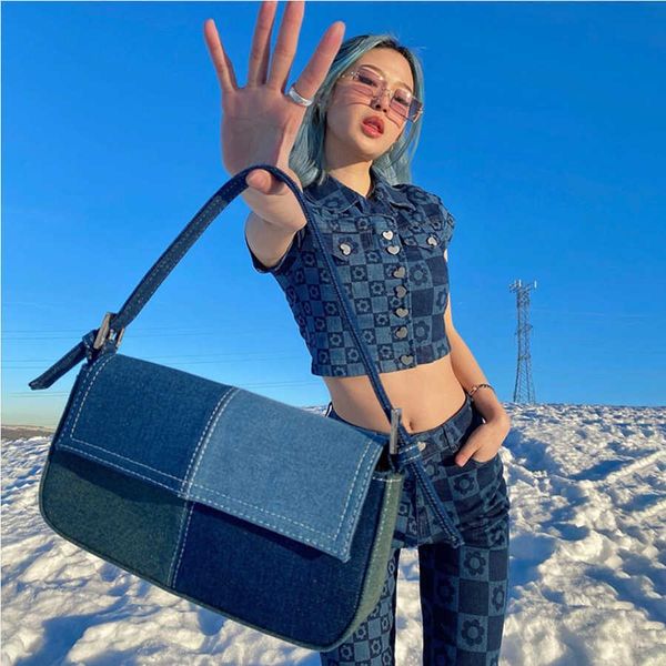 Bolsos de noche Vintage Denim Blue Underarm Bag Mujer Paneles Diseñador Hombro Armpit Bag Casual Ladies Bolsos Borsa a tracolla L221014