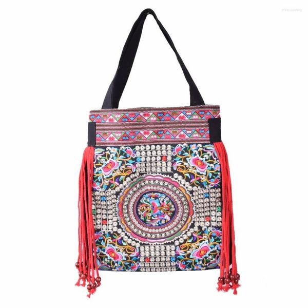 Bolsos de noche Vintage bordado mujer nacional hecho a mano flor bordada tela étnica bolso de hombro con borla bolso