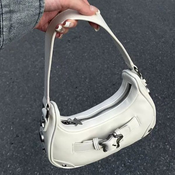 Bolsas de noche Vintage Coreano Casual Lindo Blanco Estrella Hombro Axila Bolsa de asas Damas Sling Cuero Zip Monederos Bolsos Mujeres 231031