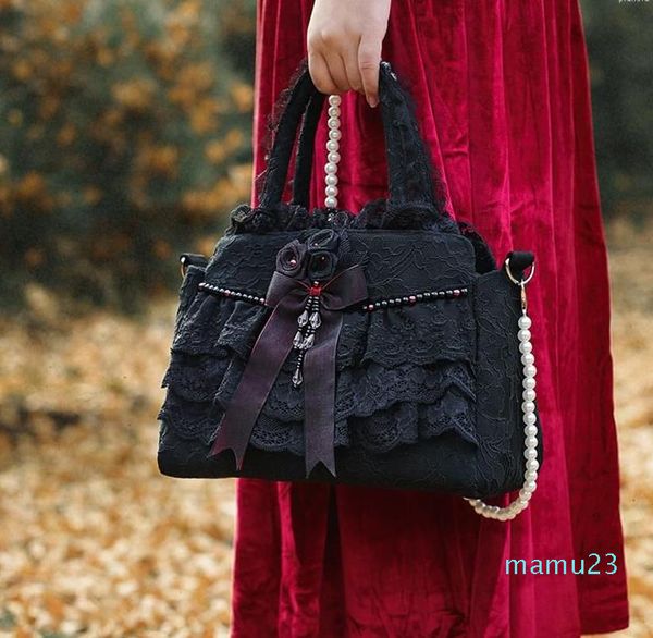 Sacs de soirée Vintage Royal Court Tendance Gothique Lolita Black Lace Pearl Chain Bag