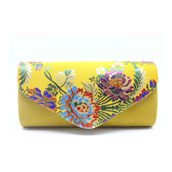 Bolsos de noche Vintage Suede Clutch Boda Flor bordada Hombro con Sling Purse 'S Yellow Clutches Femininos 230317