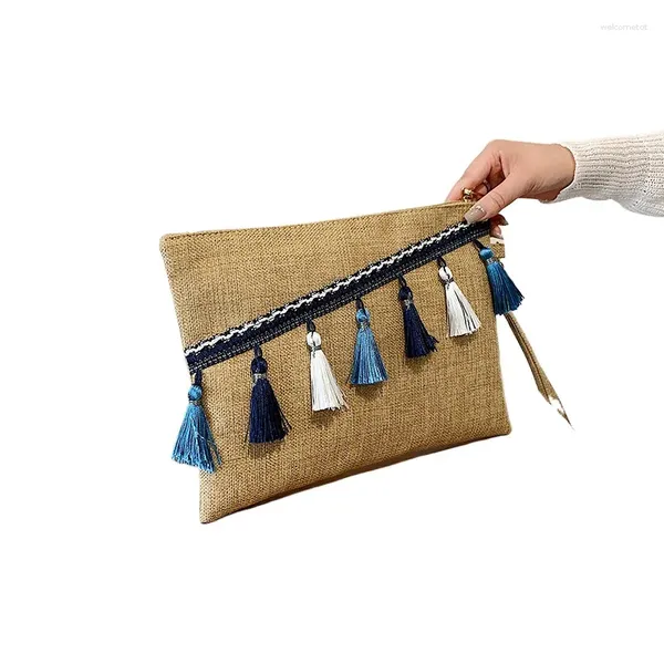 Bolsos de noche Bolsos de embragues de mujer vintage Bohemio Casual Muñeca Señoras Moda Sobre Caqui Teléfono celular Monedero con borlas