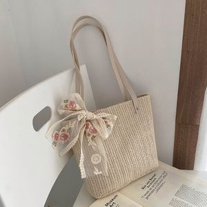 Sacs de soirée Vintage femmes tissé sac à bandoulière couleur unie dentelle ruban fourre-tout sacs à main en osier Boho paille pour été plage poignée Beige 230519