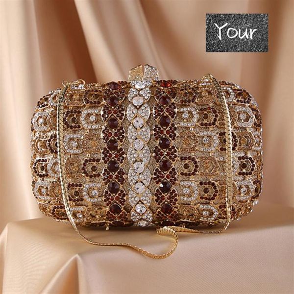 Bolsas de noche Rhinestone blanco Boda Embrague Monedero Moda Oro Metal Cristal Embragues Lujo Damas Diamante Prom Cena Bolsos 243Z