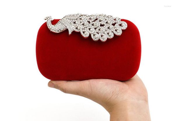 Bolsos de noche al por mayor: diamantes de lujo Peacock para mujeres Rhinestones de terciopelo para la billetera para la fiesta de novia de boda con cadenas