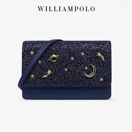 Evening Bags WILLIAMPOLO Designer Women Bag Fashion Retro Womens Shoulder Starry Sequins Crossbody Leather Women's 2024