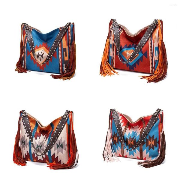 Bolsos de noche para mujer, bolso de mano de lino y algodón de gran capacidad, diseño tejido a mano, hombro con borlas, estilo étnico bohemio, viaje para mujer