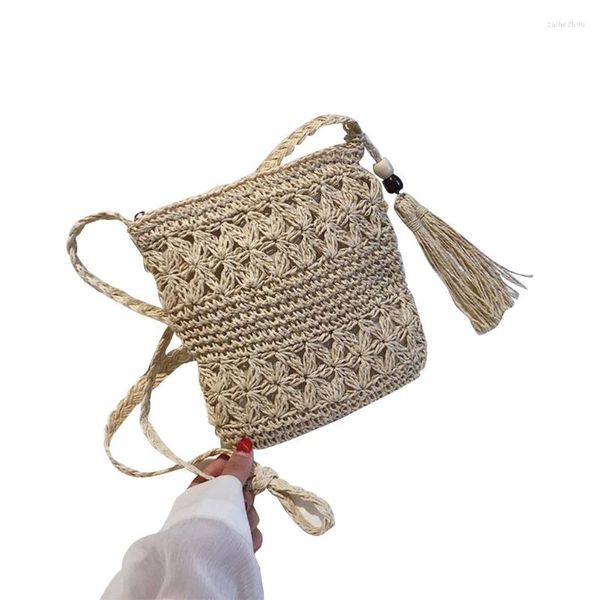 Bolsos de noche para mujer, bandolera de hombro de paja tejida para playa con borla, bolso cruzado de ganchillo calado bohemio, bolso de macramé