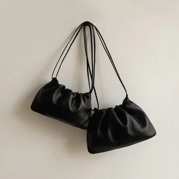 Bolsos de noche para mujer, bolso de nubes con cordones de piel de cordero negra, bolso sencillo de hombro de cuero Real que combina con todo