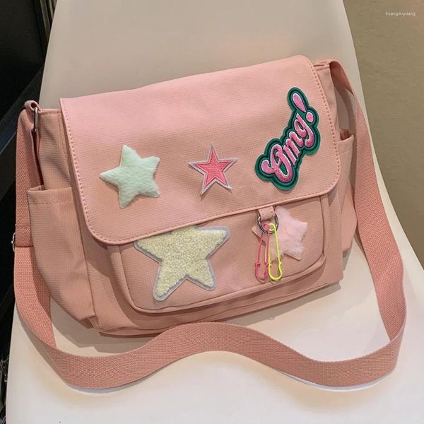 Bolsas de noche Mujeres Color Caramelo Bolsa de Hombro Star Carta Aplique Moda Crossbody Gran Capacidad Campus Satchel Estudiante Viaje Sling