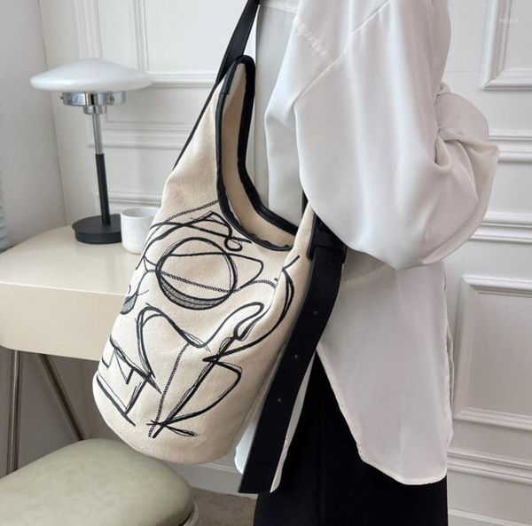 Sacs de soirée Femmes Toile Sac À Bandoulière Rétro Épais Tissu Sac À Main Pu Shouder Bretelles Seau Femme Grand Shopper Fourre-Tout Designer Lady Sacs À Main