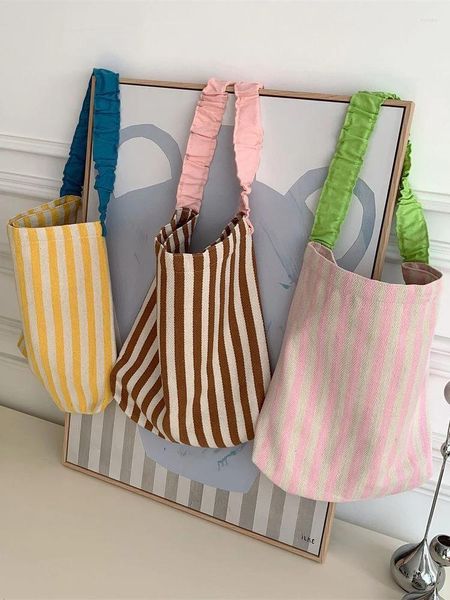 Bolsos de noche Mujeres Lona Rayas Plisado Hombro Colores contrastantes Gran capacidad Tela Bolsos de mano Mujer Viaje Compras Bolsa de libros