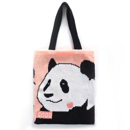 Avondtassen vrouwen cartoon panda patroon breien wollen draagtas vrouwelijk gehaakte stijlvol dagelijkse zacht garen schattige zoete shopping shopper handtas