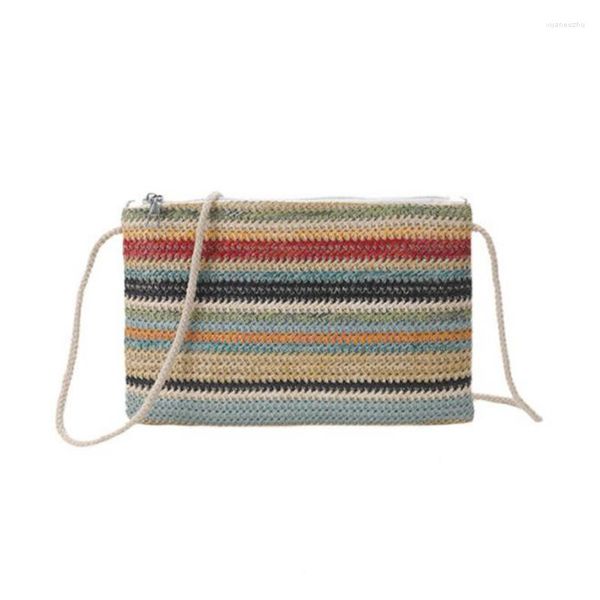 Bolsos de noche para mujer, bolso tejido de paja con ondas coloridas, bandolera con solapa con paneles para mujer, bolso de hombro tejido para playa y verano para teléfono móvil