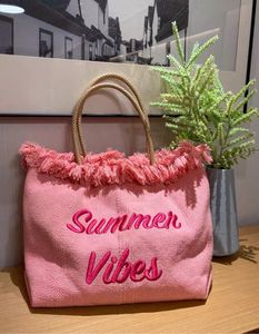 Avondtassen vrouwen ontwerper roze canvas kwastjes tote schoudertassen breien doek geborduurde letters handtassen vrouwelijke zomerreizen strandtas 230811