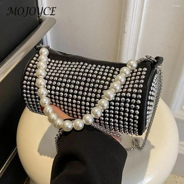 Bolsos de noche Mujeres Diamantes Sling Bag con perlas Mango Cilindro Brillante Elegante Brillante Rhinestones Cierre de cremallera Viaje femenino