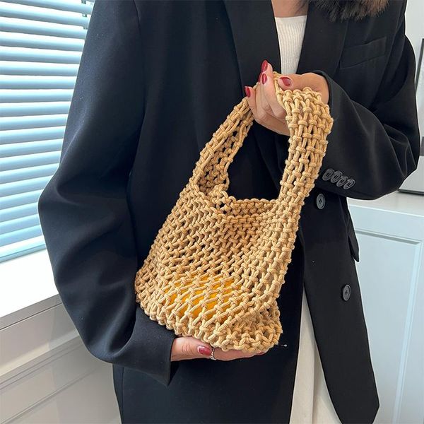 Bolsos de noche para mujer, bolso de mano a la moda, bolso tejido con cuerda de algodón, 2022, bonito bolso de mano informal de punto, estilo rural, tendencia Simple, embragues de noche