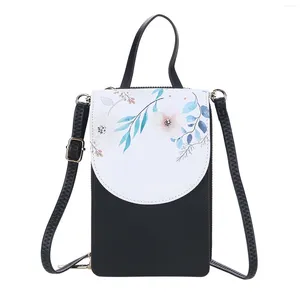 Sacs de soirée Femmes Floral Imprimé Noir Téléphone portable Sac à main Sangle réglable Titulaire de la carte Vintage Cuir PU léger imperméable