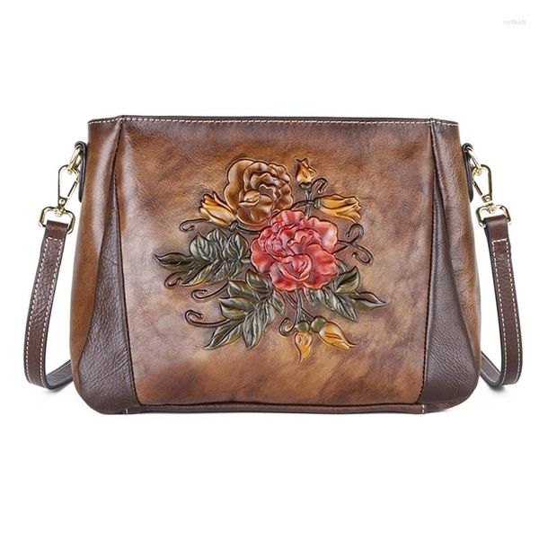 Sacs de soirée Femmes Véritable Cuir Messenger Shopping Femme Floral Rétro Style Chinois Véritable Cowhide Single Épaule Bandoulière Sac