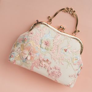 Bolsos de noche Mujer Encaje Rosa Lolita Perla Marco con cuentas Señora Tote Vintage Sólido Bolso transparente Bolso con tela de algodón blanco 230725