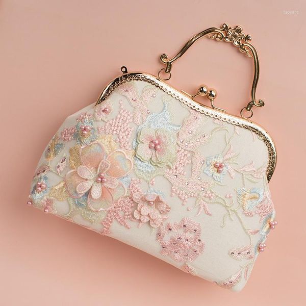 Bolsos de noche Mujer Encaje Rosa Lolita Perla Marco con cuentas Señora Tote Vintage Sólido Bolso transparente Bolso con tela de algodón blanco