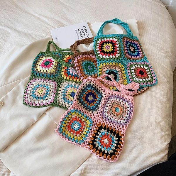 Bolsas de noche Mujeres Bolsa de punto de celosía Estilo étnico Flor Crochet Bohemio Suave Hollow Out Colorido Tejido para niñas femeninas