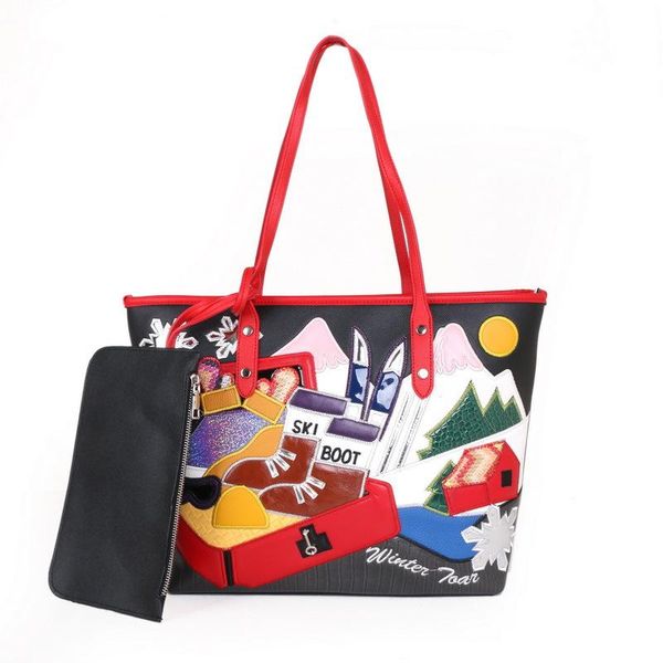 Sacs de soirée Femmes Cuir Patchwork Broderie Bourse Épaule Fille Sacs à main Femme Fourre-tout Style Braccialini Art fait à la main Dessin animé Ski