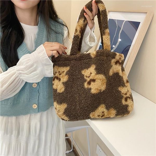 Bolsos de noche para mujer, bolso de mano de oso de peluche, bolso de hombro de tela similar al cordero, bolso de compras suave de gran capacidad para mujer, libro de dibujos animados para niñas