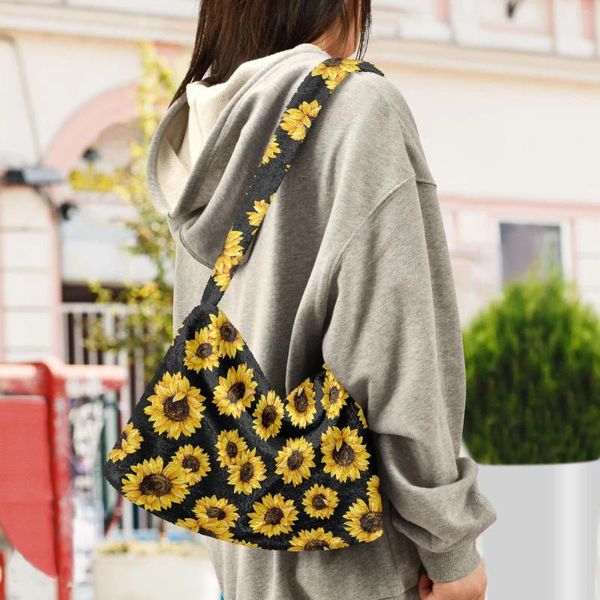 Bolsos de noche para mujer, Mini estampado de girasol con axila de felpa, patrón de cremallera, hombro para dama, bolsos diarios portátiles simples