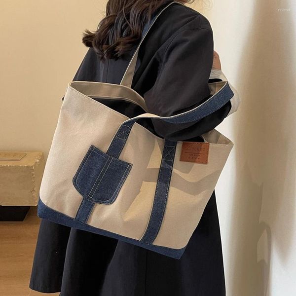 Sacs de soirée Femmes Denim Patchwork Fourre-tout Sac à main Vintage Toile Dames Sac sous-bras Japonais Solide Trajet Grande Capacité Épaule