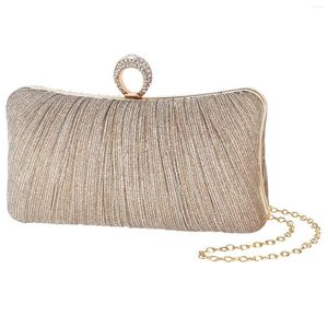 Avondtasjes Dames Gold Glitter Clutch Geplooide Tas Voor Bruids Bruiloft Feest Met Strass Ring