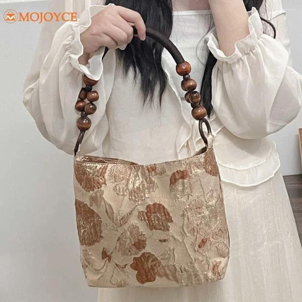 Sacs de soirée Sac sous bras pour femmes Jacquard Tissu seau vintage Hand Summer Brown Wood Perles de style chinois