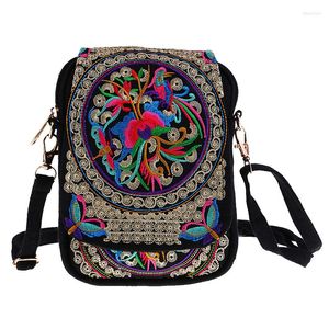 Avondtassen Vrouwen Schoudertas Reisetui Vintage Bloemen Geborduurde Crossbody Zip Mobiele Telefoon Portemonnee