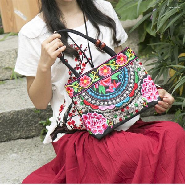 Bolsos de noche Mujer Hombro Bordado Estilo étnico Flor bonita Bohemia Retro Lona Bolso de compras de gran capacidad para niña adolescente