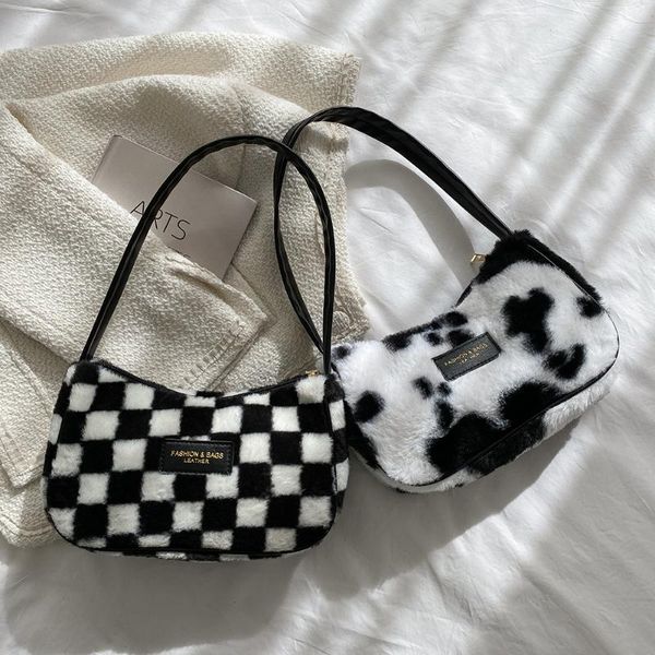 Bolsos de noche para mujer, bandolera suave de felpa con estampado de vaca, bolso de mano pequeño a cuadros acolchado de invierno, bolsos de mano esponjosos cálidos de piel sintética para mujer 2023