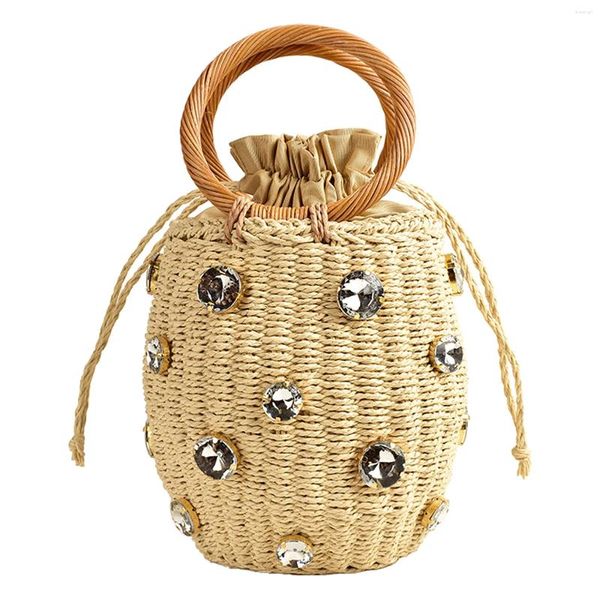 Sacs de soirée Femmes Summer plage quotidien utilise des strass de paille embellies sac de seau de paille petit cadeau de voyage de vacances rotin tissé avec la mode manche