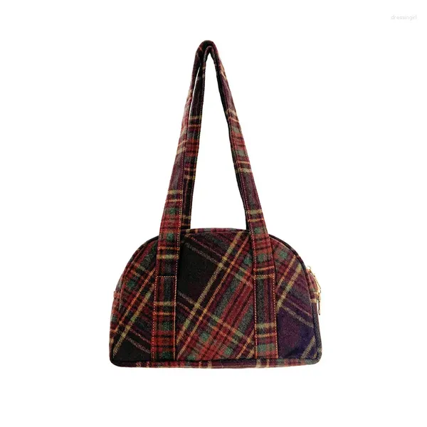 Bolsos de noche Mujeres Invierno Boston Bolso de hombro Vintage Red Woolen Plaid Bolso Peso ligero Durable Estilo universitario Casual Teléfono Bolsa de asas