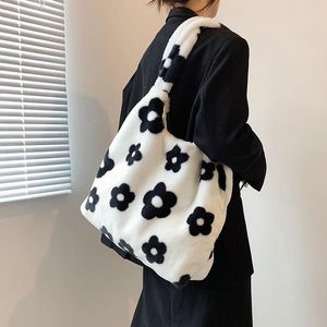 Sacs de soirée Femmes Hiver Doux Peluche Fourre-tout Sac 2022 Fille Mignon Fleur Imprimer Chaud Toile Sac À Main Casual Floral Grand Shopper Livre Bolsa