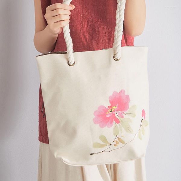 Sacs de soirée femmes sac à bandoulière peint à la main jolie fleur Style national chinois toile sac à main réutilisable grande capacité Shopping fourre-tout