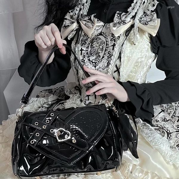 Bolsos de noche Xiuya lindo Lolita Jk bolso de hombro Y2k gótico Punk negro corazón Crossbody Kawaii japonés dulce PU cuero diseñador bolso