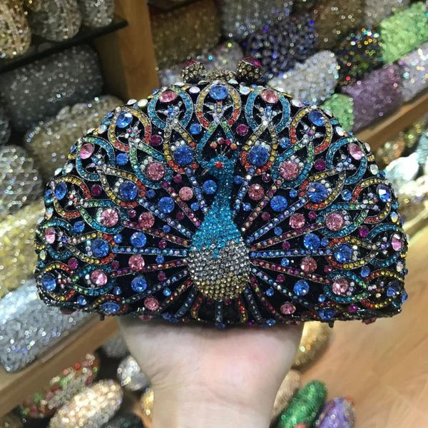 Bolsas de noche XIYUAN Peacock Estuche rígido Metal Mujeres Embragues Bolso nupcial Rhinestones Mano Embrague Monedero de boda Messenger