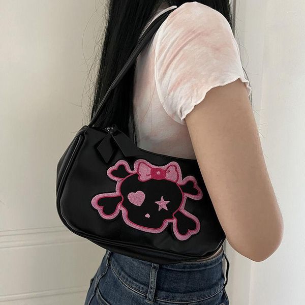 Bolsos de noche Y2k Estética gótica coreana Bolso de hombro Cráneo Monedero negro Niñas Pu Cuero Diseñador Cremallera Damas Axilas Bolsos para mujeres