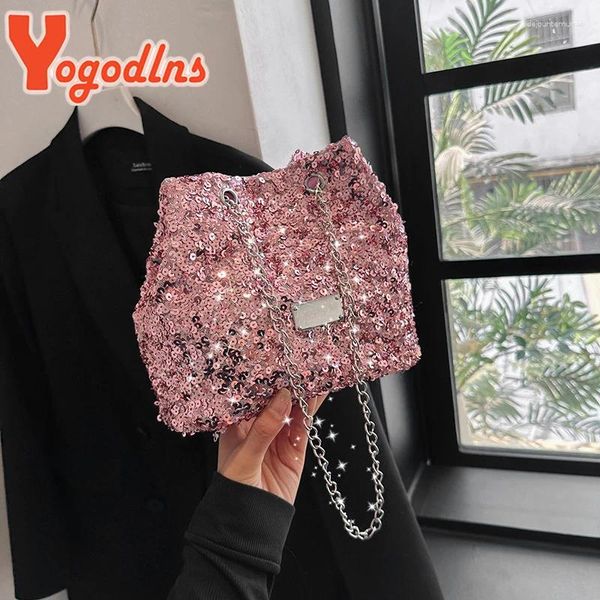 Bolsas de noche Yogodlns Diseñador de lujo Plata Lentejuelas brillantes Bolsa de axila Cubo Crossbody Hombro Mujer Viaje Monedero y bolso