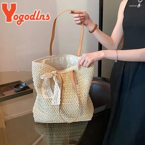 Avondtassen yogodlns vintage vrouwen geweven schoudertas vast kleur kanten lint draagtas handtassen rieten boho rietje voor strandhandgreep beige