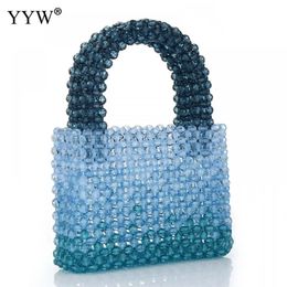 Avondtassen YYW Dames Acryl Portemonnee Mini Handtassen Met Kralen Handgemaakte Gradiënt Transparante Blauwe Kralen Tote Voor WeddingBeachParty 231017