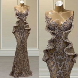 Avond kralen Mermaidjurken Lace Appliqued Crystal Sheer Jewel Neck Prom jurk Saoedi -Arabië Robe de Soiree