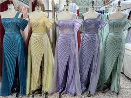 Avondkralen pailletten jurken sexy zijde split een schouderspaghetti backless prom -jurken voor vrouwen ocn draagt bm3509