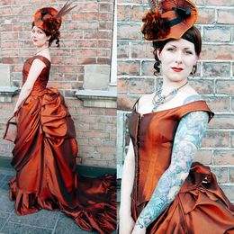 Avond Bustle Vintage Jurken Ruched Victoriaanse mouwloze Taffeta Formal Ocn Prom -jurken Vampire Masquerade Halloween -jurk Steampunk Gothic Vestido